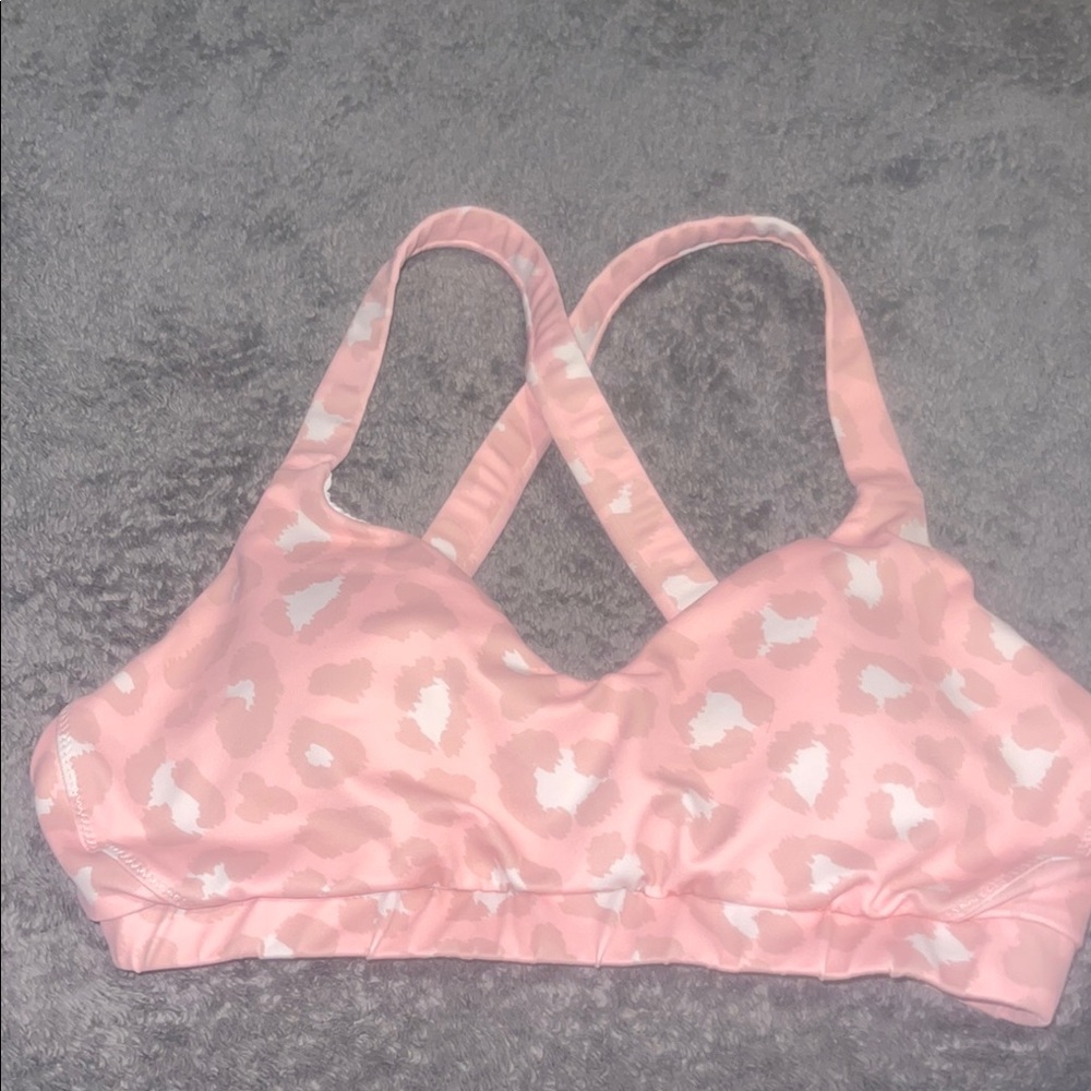 Pink Lily Pink and White Sports Bra with Criss-Cross Straps